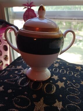 Elegant White  Sugar Bowl with Dark Green  and Gold  Sherwood by Wedgewood